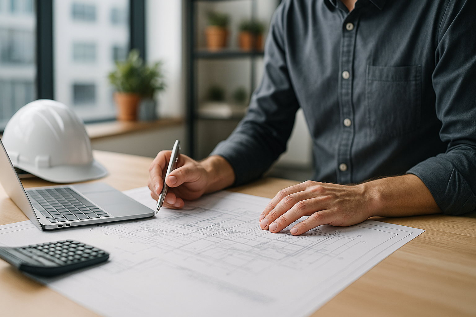 Professional architect working on construction plans with laptop and calculator